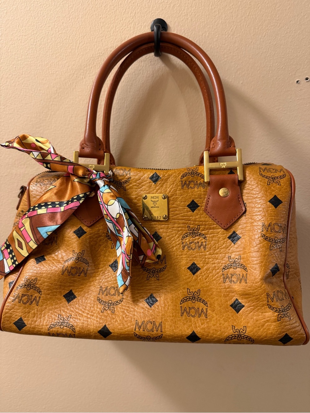 MCM Cognac Visetos Boston Satchel with Scarf and Strap